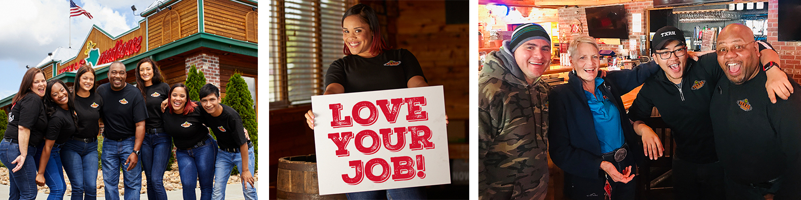 Texas Roadhouse crew members smiling together outside and inside the restaurant